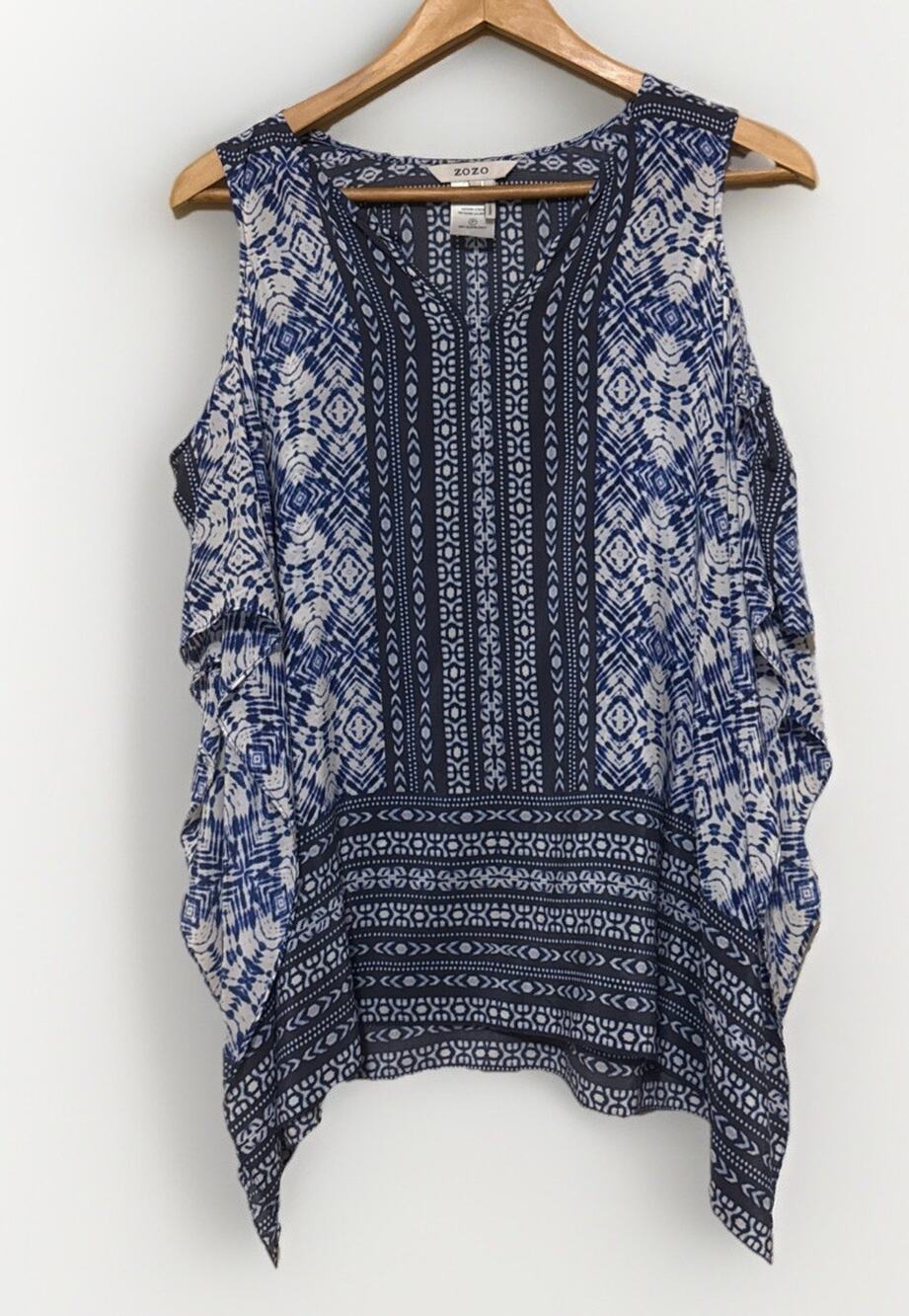 Zozo Women Cold Shoulder 100% Silk Blue White Print Tunic Top Size L